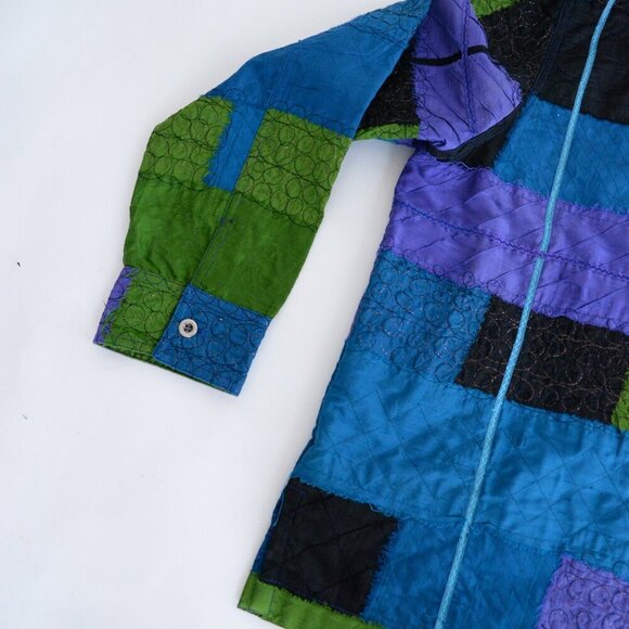 Vintage Easy Spirit Black Purple 100% Silk Patchwork Embroidery Button Jacket XL - Picture 9 of 10